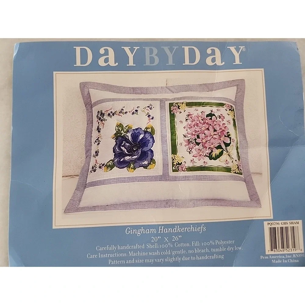 NEW Quilted Cotton Shams Floral Blue White Gingham Handkerch Cottage Shabby PAIR